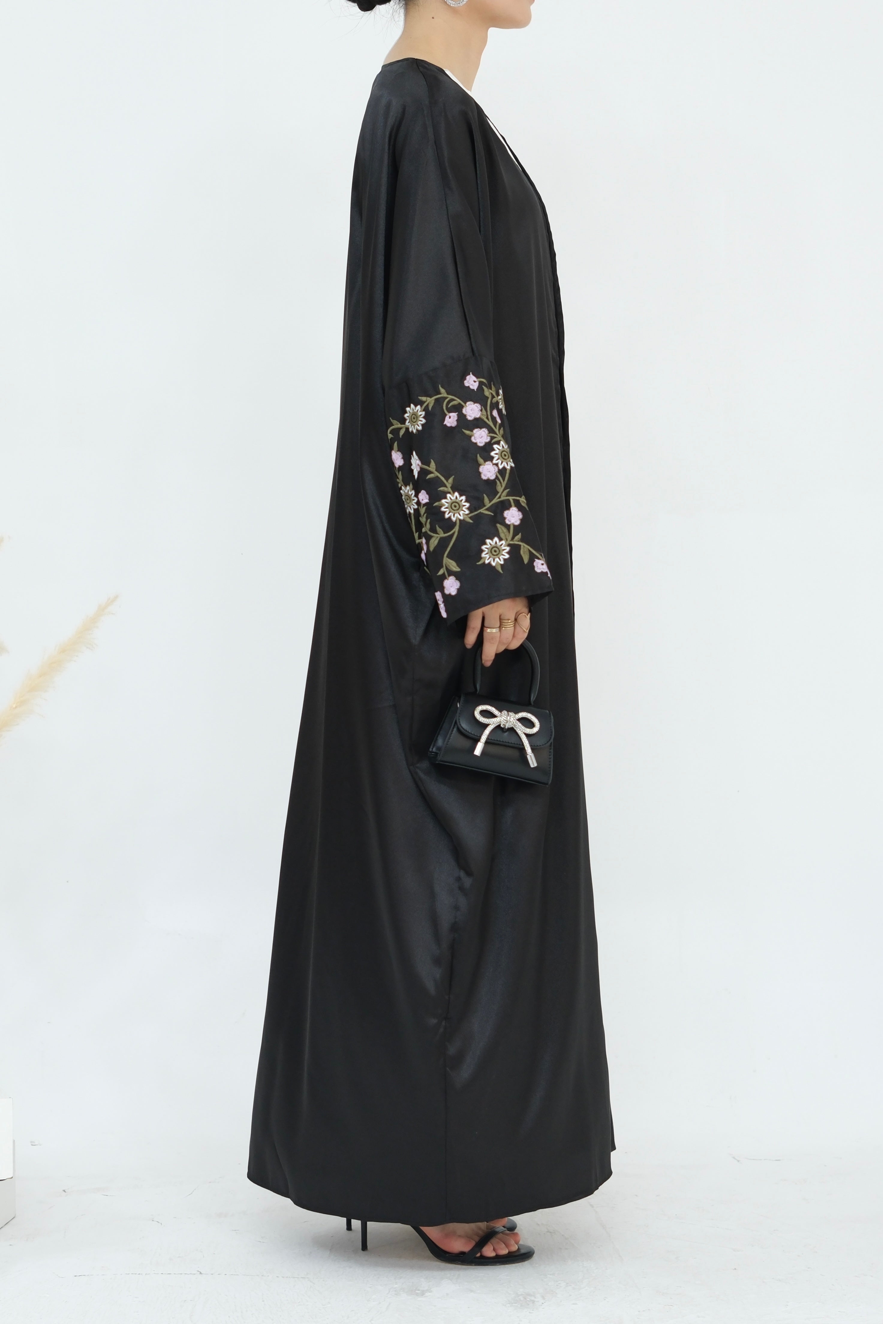 Alisha Flower Pattern Embroidery Modest Open Abaya 827- Black