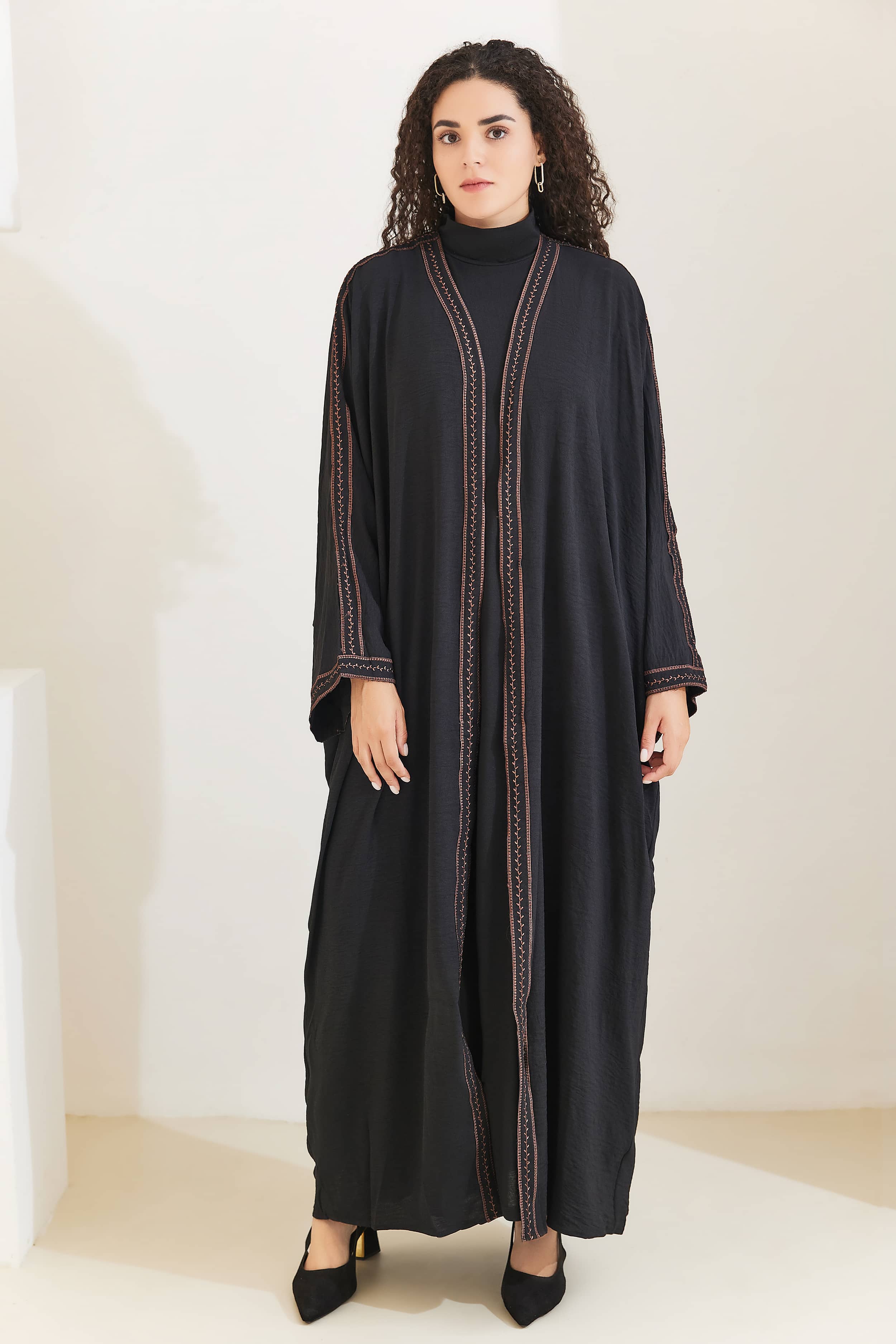 Rahma Cotton Bat Sleeve Modest Open Abaya - Black - Meliza