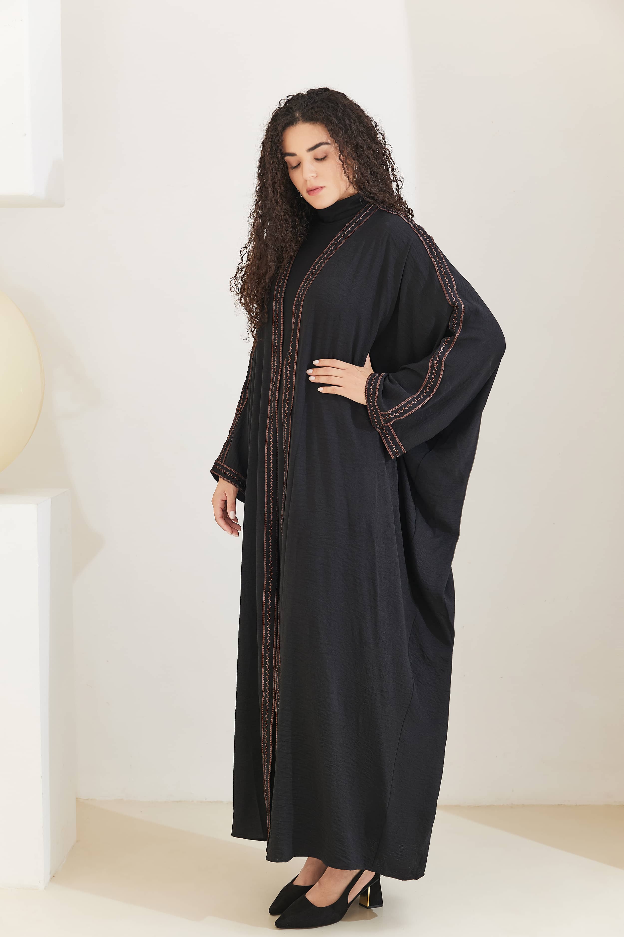 Rahma Cotton Bat Sleeve Modest Open Abaya - Black - Meliza