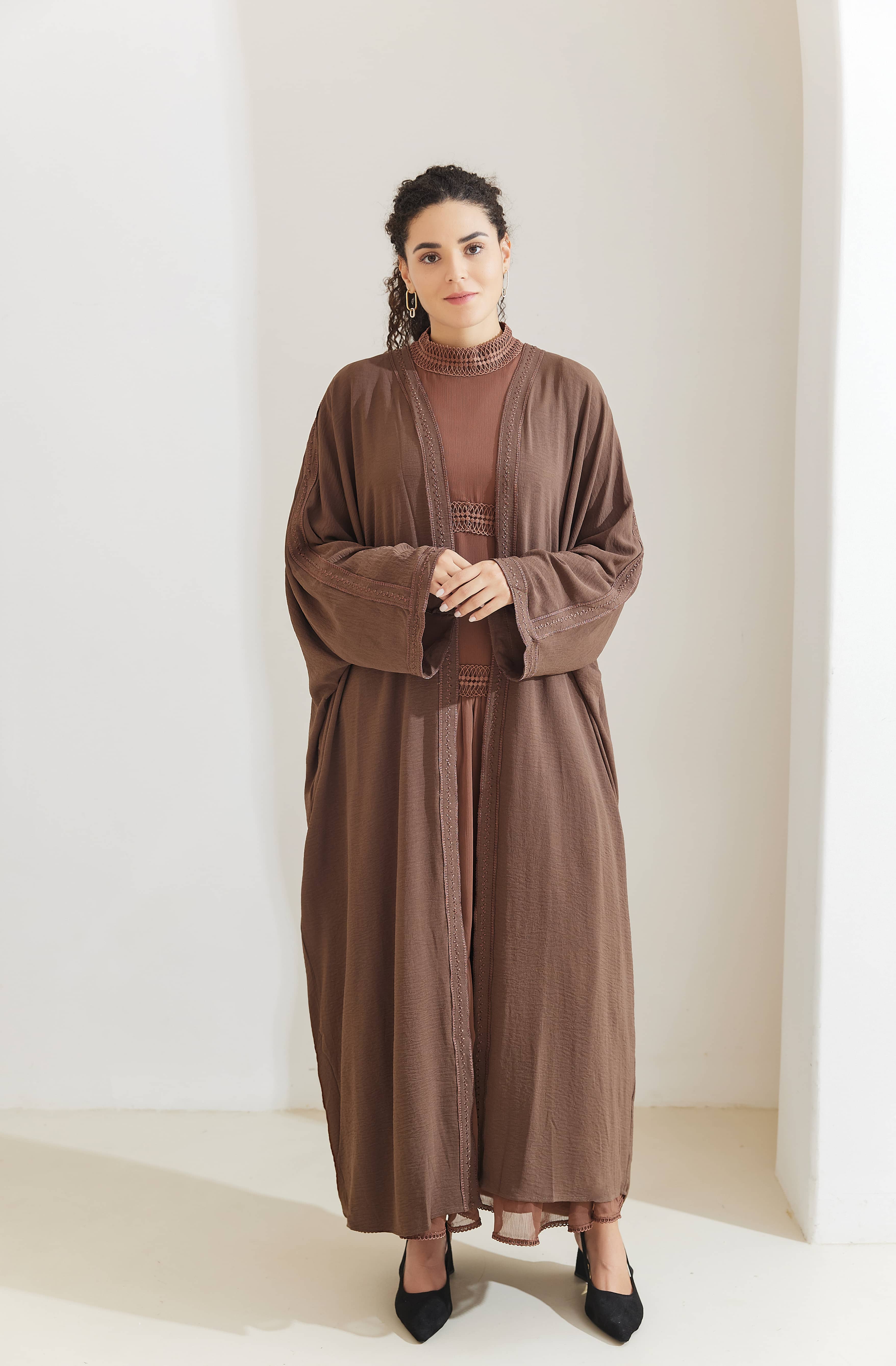 Rahma Cotton Bat Sleeve Modest Open Abaya - SaddleBrown - Meliza