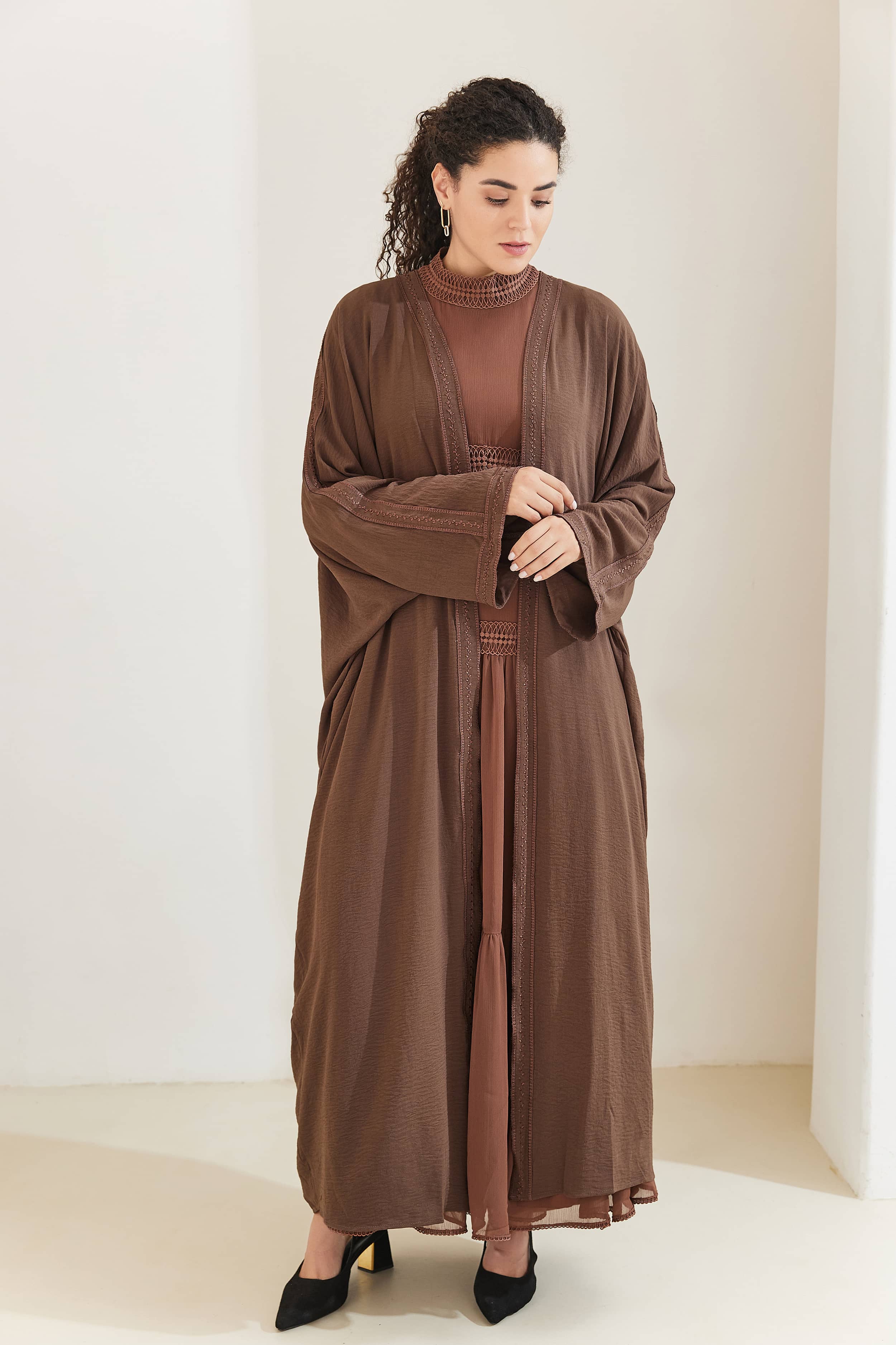 Rahma Cotton Bat Sleeve Modest Open Abaya - SaddleBrown - Meliza