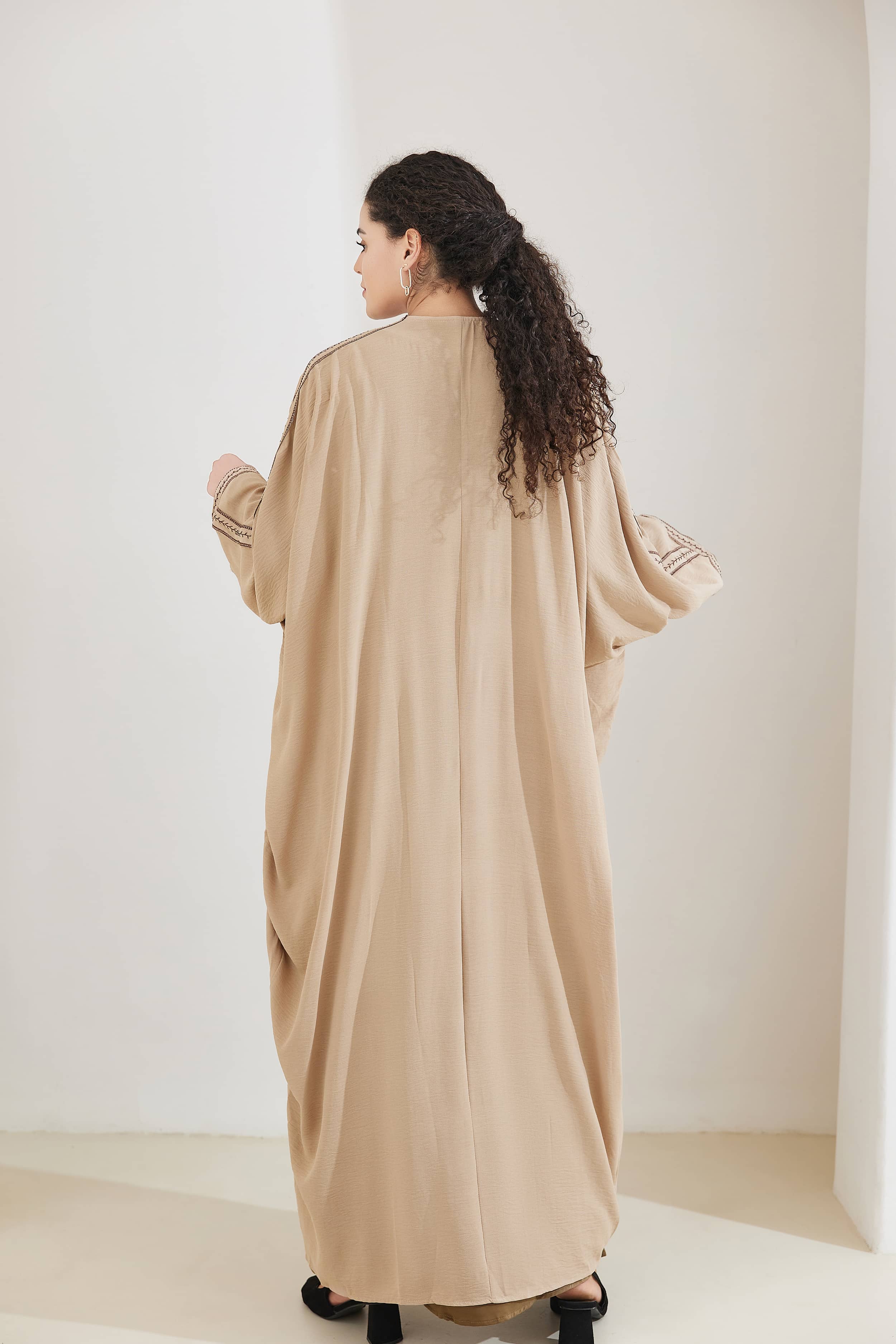 Rahma Cotton Bat Sleeve Modest Open Abaya - NavajoWhite - Meliza